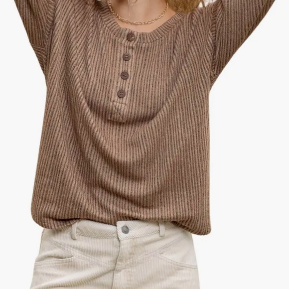 Brown Ribbed Henley top - Picture 1 of 7